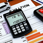 **Image of Asset Evaluation**: Create an illustration depicting the process of asset evaluation, showcasing various assets such as real estate, vehicles, and investments. Include elements like a calculator, charts, and a person analyzing the potential of each asset.
