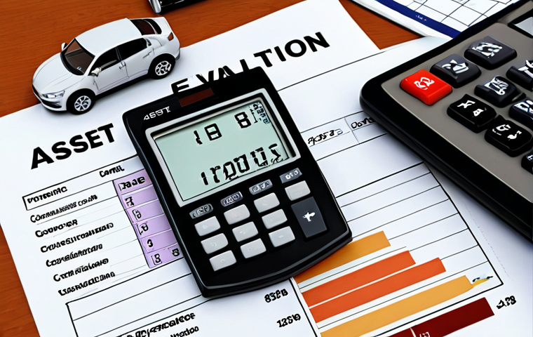 **Image of Asset Evaluation**: Create an illustration depicting the process of asset evaluation, showcasing various assets such as real estate, vehicles, and investments. Include elements like a calculator, charts, and a person analyzing the potential of each asset.