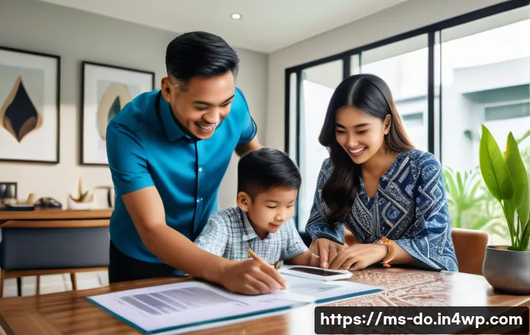 자산 정리의 중요성을 알리는 캠페인 - A professional Malay family gathered around a modern dining table in a bright, tidy home office, dis...