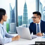 Home 18 자산 정리와 세금 문제 - A professional Malaysian financial advisor sitting at a modern office desk with multiple documents a...