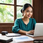 Home 23 재무 자산 정리의 기초 - A detailed scene of a Malaysian young adult woman sitting at a wooden desk in a cozy home office, us...