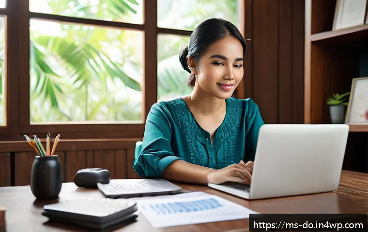 재무 자산 정리의 기초 - A detailed scene of a Malaysian young adult woman sitting at a wooden desk in a cozy home office, us...