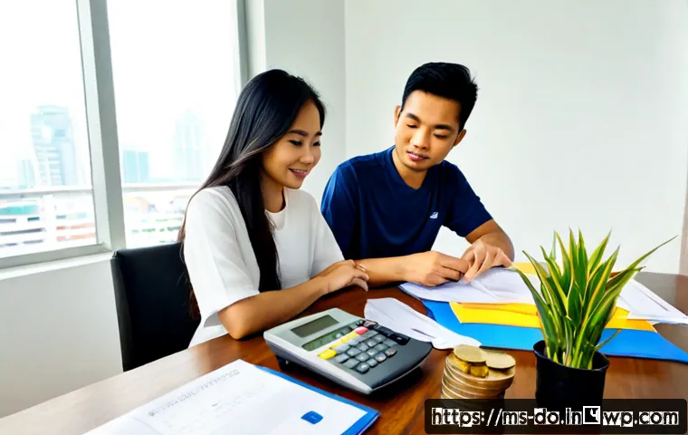 자산 정리와 지속 가능성 - Photorealistic Malaysian couple in a bright modern Kuala Lumpur apartment, calmly organizing househo...
