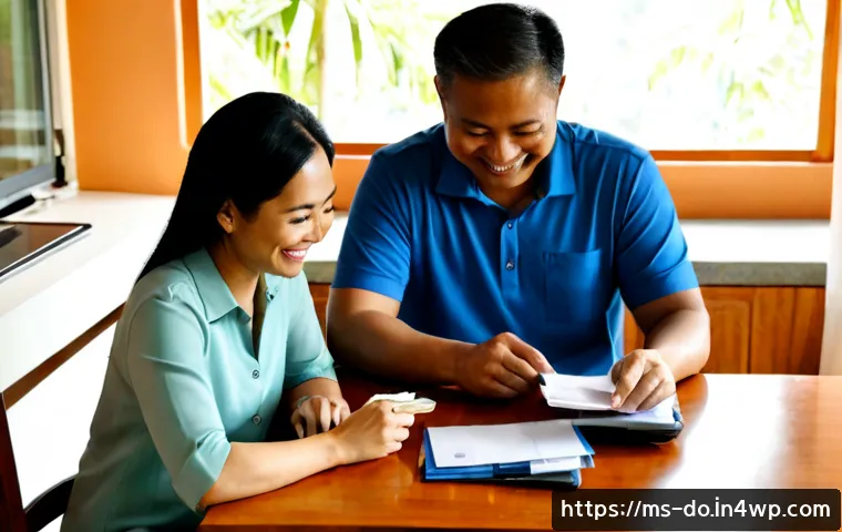 Home 17 자산 정리의 심리적 효과 - Photorealistic Malaysian middle-aged couple calmly organizing household finances at a bright dining ...